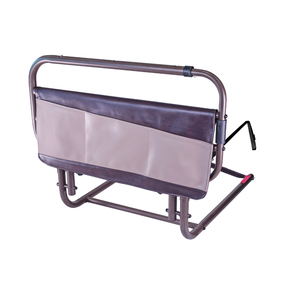 The Signature Life Sleep Safe Extendable Bed Rail features a foldable metal frame, brown and beige padded panel, support handle, and safety strap to help prevent falls and assist with bed access. Check specs and warranty details for peace of mind.